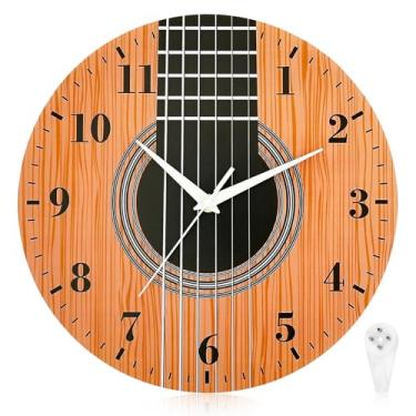 Imagem de Relógio de parede de guitarra de 30 cm, relógio de parede de madeira sem tique-taque, silencioso com movimento de quartzo e operado por bateria, ótima decoração para sala de música, quarto, sala de