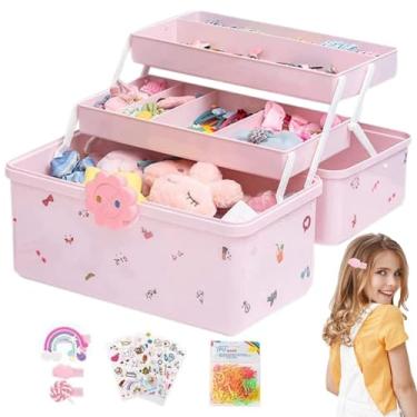 Imagem de Organizador de acessórios de cabelo para meninas, caixa de armazenamento de perucas para meninas - Estojo de armazenamento de gravata de cabelo infantil de 3 camadas - Caixa de joias infantil à prova