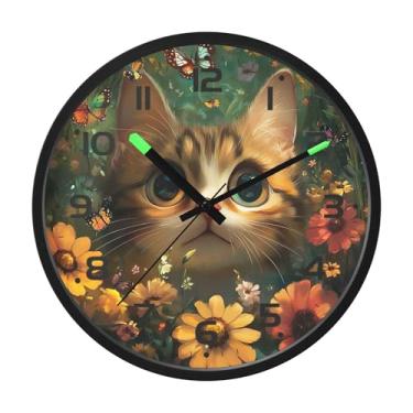 Imagem de SEHANY Relógio de parede de gato fofo, silencioso, sem tique-taque, operado por bateria, controle de som, luz noturna, relógios de parede para sala de estar, cozinha, quarto, escritório, decoração de