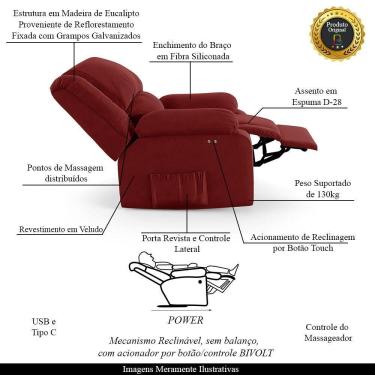 Imagem de Poltrona Do Papai Reclinável Melim Power Touch Massagem Veludo Vermelho Fh1 - D'rossi