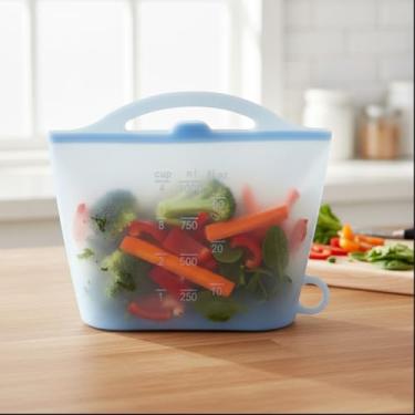 Imagem de Recipientes de armazenamento de alimentos de silicone reutilizáveis - sacos de armazenamento de alimentos à prova de vazamento em suporte para preparação de refeições, cozinha, geladeira