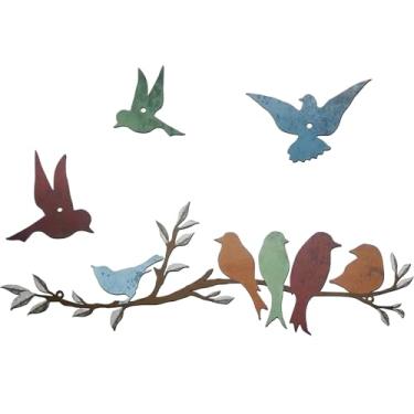 Imagem de hinbkenla Arte de parede de pássaro, arte de parede ao ar livre, decoração de parede de pássaro, parede de metal, galho com folhas, decoração rústica ao ar livre para varanda jardim interno (cores