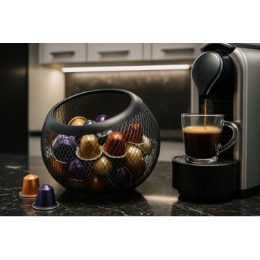 Imagem de Organizador Porta-Cápsulas de Café Preto MAI HOME Aramado Redondo Metal 22x20x14,5cm Multiuso para Cozinha Escritório Sala Banheiro Porta Objetos Decoração Moderna Durável