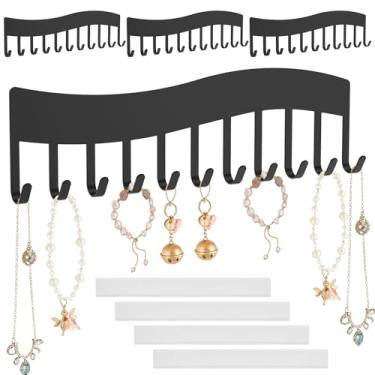 Imagem de 4 organizadores de joias para pendurar, suporte organizador de colar montado na parede, fácil instalação, exibição de colares modernos com 11 ganchos para pulseiras, brincos, economia de espaço (preto