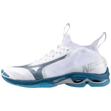 Imagem de Mizuno Tênis de vôlei unissex Wave Lightning Neo 2, Branco-azul marroquino, 16.5 Wide Women/15 Men