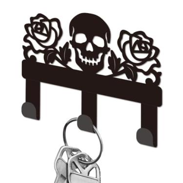 Imagem de DELORIGIN Porta-chaves rosa crânio para parede, ganchos de chave de ferro preto montado na parede, cabide de chaves góticas com 3 ganchos, porta-chaves de casa pequeno para bolsa de casa, coleira de