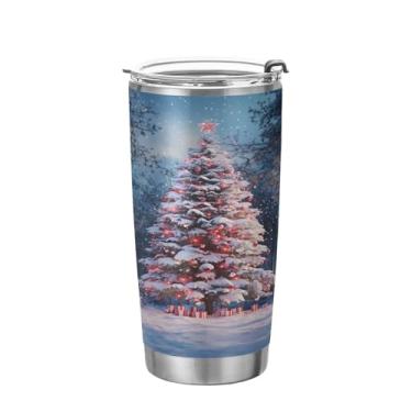 Imagem de YETTASBIN Copo de árvore de Natal com tampa de palha, copo de aço inoxidável de 590 ml, parede dupla, isolada a vácuo, caneca de café de viagem para bebidas quentes e frias