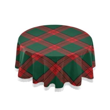Imagem de Qilmy Toalha de mesa redonda xadrez de búfalo vermelho azul de Natal 152 cm, resistente à água, à prova de derramamento, capa de mesa grande para jantar de reunião de família em ambientes internos e