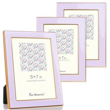 Imagem de Fun Memories Porta-retrato 12 x 17 cm – 3 peças de moldura de vidro esmaltado roxo com borda de metal dourado e cavalete para exibição em bancadas, mesas, estantes, mesas e paredes (roxo/dourado)