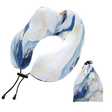 Imagem de CEBUGI Travesseiros de viagem portáteis em forma de U, travesseiro de pescoço de espuma viscoelástica com trava de corda ajustável para avião, viagem, trem, negócios, escritório, soneca (fundo de