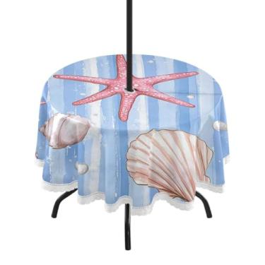 Imagem de CEBUGI Toalha de mesa redonda para uso ao ar livre, aquarela, estrela-do-mar, impermeável, com furo Umberlla, capa de mesa lavável para pátio, cozinha, sala de jantar, 152 cm