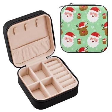 Imagem de Wassud Estojo de joias de viagem de Papai Noel e alce para mulheres, meninas, senhoras, noiva, mini organizador de joias de couro PU, caixa quadrada de armazenamento de joias para brincos, anéis