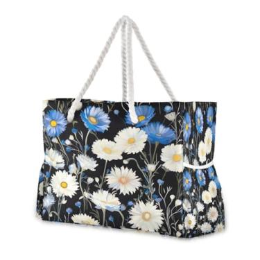Imagem de Wassud Bolsa de praia com margaridas brancas e azuis grandes para mulheres, à prova d'água, à prova de areia, bolsa de viagem com zíper e bolso para piscina, academia, acampamento