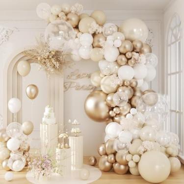 Imagem de Kit de arco de guirlanda de balão de ouro metálico branco bege, ouro metálico, pérola, branco, balões transparentes para noivado, chá de bebê, casamento, aniversário, decoração de festa de aniversário