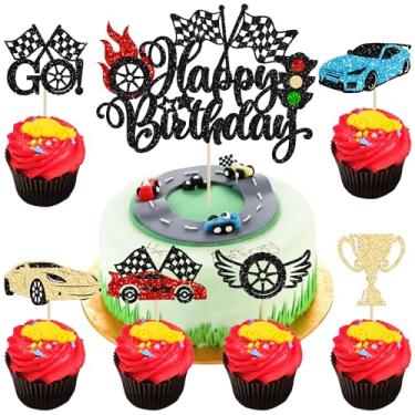 Imagem de Gyufise 25 peças de topo de bolo de carro feliz aniversário carro de corrida topo de cupcake tema de carro de corrida decoração de bolo para bandeira de troféu tema de carro de corrida crianças