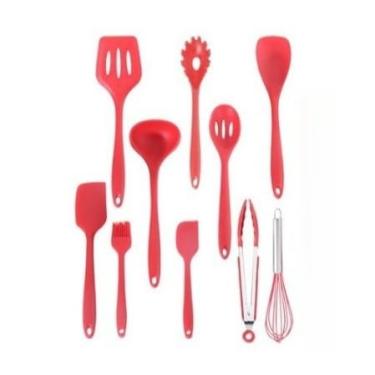 Imagem de Kit 10 Utensílios de Cozinha Silicone e Inox – Colheres Espátulas e Pegadores (Vermelho)