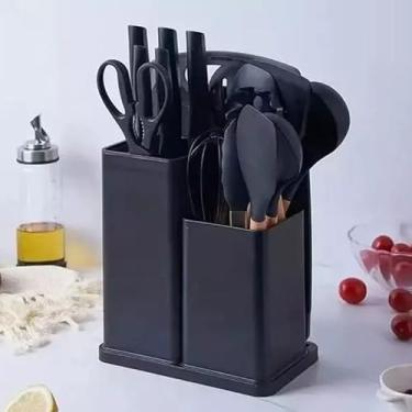 Imagem de Kit 19 Peças, Conjunto de Utensílios de Cozinha em Silicone, Cabo de Madeira, Concha, Faca, Colher, Conjunto Completo (Preto)
