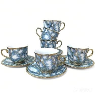 Imagem de Conjunto De Xicaras Com Pires De Cafe Porcelana Kit 12 Pecas Luxo Cerâmica Presente (Modelo-9azul (85mL))
