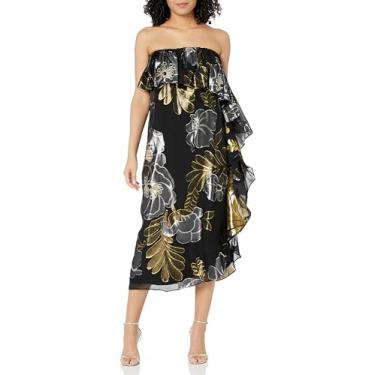 Imagem de Trina Turk Vestido midi sem alças para mulher, Preto/Metálico, M