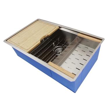 Imagem de Dakota Pia de cozinha com bordas acessórias, 76 x 50 cm, aço inoxidável calibre 16 – tigela única embutida na pia com escorredor, tábua de corte de bambu, grade inferior – pias de cozinha premium