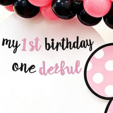 Imagem de TONIFUL Faixa de meu primeiro aniversário, placa de feliz aniversário para pano de fundo, faixa de feltro preto e rosa com glitter inclui cola de pontos, perfeita para tema de bebê mouse, pano de