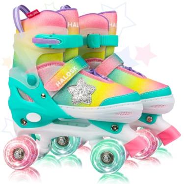 Imagem de HALOSK Patins para meninas, meninos, quadriciclo de duas fileiras ajustáveis com rodas iluminadas, design de estrela gradiente para iniciantes de 3 a 12 anos