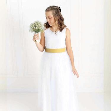 Imagem de Vestido Infantil Longo Branco Faixa DOURADO REF4072 - Só Mariazinha, D