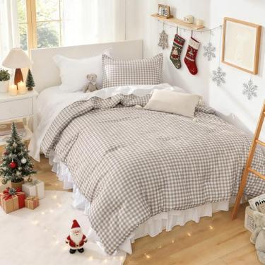 Imagem de Andency Jogo de cama de búfalo xadrez xadrez marrom (199 x 222 cm), conjunto de cama de búfalo xadrez marrom para meninas, meninos e crianças, adolescentes, 3 peças, roupa de cama leve de microfibra