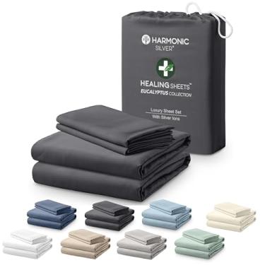 Imagem de HARMONIC SILVER Coleção Eucalyptus Lençol King Size com íons prateados | 100% tencel | Ultra macio | Resfriamento para quem dorme quente | Bolso profundo de 45,7 cm [Carvão]