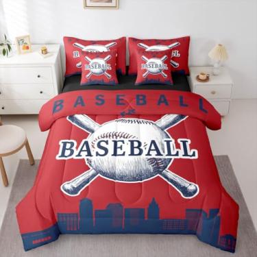 Imagem de Erosebridal Jogo de cama solteiro de beisebol, 7 peças, softball, para decoração de quarto de crianças, adolescentes e adultos, jogo de edredom com lençol de beisebol e cidade (Boston), vermelho, azul