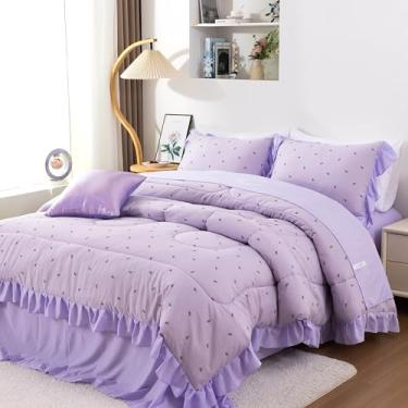 Imagem de Btargot Conjunto de cama de 6 peças com laço roxo e babados, para meninas, meninos, crianças, cama em uma bolsa com edredom, lençóis e fronhas, tamanho solteiro
