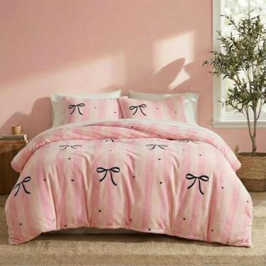 Imagem de Bedbay Conjunto de edredom listrado rosa, tamanho king, fofo, com gravata borboleta, veludo macio, 3 peças, laço, decoração de quarto de mulheres adolescentes, roupa de cama estética com 2 fronhas