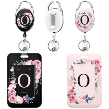 Imagem de Soleebee Pacote com 2 porta-crachás de identificação A-Z com carretel retrátil, lindos emblemas de identificação preto e rosa, chaveiro durável, carretel de crachá resistente para enfermeiras