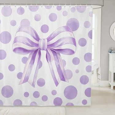 Imagem de Manfei Lindas cortinas de chuveiro com laço de bolinhas roxas para banheiro, kawaii, gravata borboleta, impermeável, com 12 ganchos, adequado para banheira, decoração de quarto de princesa, 183 cm L x