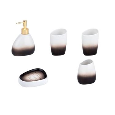 Imagem de Dispensador de sabão Conjunto de 5 produtos higiene pessoal para banheiro, incluindo: dispensador loção e sabonete, copos para enxaguatório bucal, suporte para escova dentes saboneteira(Brown)