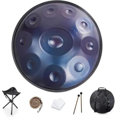 Imagem de YAYUZEST Advanced Adult Handpan, tambor de aço curdo menor de 55 cm de 22 polegadas de 10 notas 440Hz D com bolsa macia, 2 marretas, suporte e pano livre de poeira (azul)