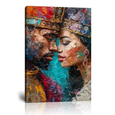 Imagem de HJL Art Arte de parede de rei e rainha africana impressão em tela casal preto vintage pintura amor afro-americano decoração de escritório emoldurada (45,7 cm L x 61 cm A)
