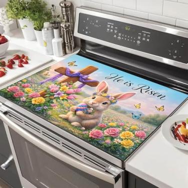 Imagem de HOMETITUTE Coberturas superiores de fogão de coelhinho da Páscoa para fogão elétrico 71 x 50 cm almofada protetora de placa de fogão decorativa de vidro floral com cruz de mola, resistente ao calor