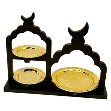 Imagem de Estilo chaleira tradicional e conjunto de bandeja de mesquita preta, MDF e aço inoxidável, elegantes placas douradas para decoração do Ramadã (Minar Masjid Black)