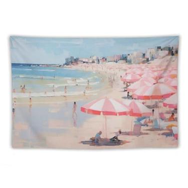 Imagem de Guarda-chuvas de praia rosa cena multidão tapeçaria de parede costal decoração de verão pastel arte do oceano para sala de estar quarto pátio vibrante destaque de praia pendurado cena animada 60 x 90