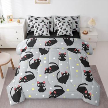 Imagem de Erosebridal Jogo de cama casal de 7 peças de gato preto fofo (cinza preto) | Conjunto de edredom com estampa de estrelas amarelas e brancas com desenho animado de gatos engraçados com enchimento de