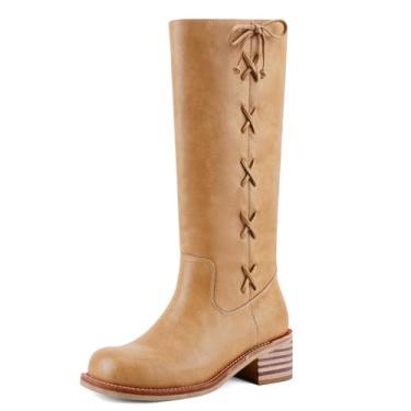 Imagem de VBDB Botas femininas na altura do joelho, bico quadrado, salto grosso, botas longas, confortáveis de salto baixo, Renda castanha marrom, 37 BR