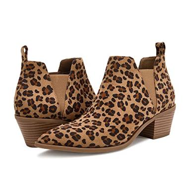 Imagem de Minshluu Botas femininas de cano curto, bico fino, salto grosso, sem cadarço, botas de salto baixo, Camurça leopar, 8