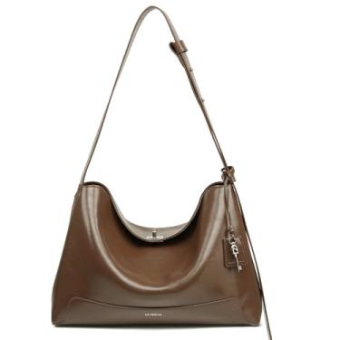 Imagem de LA'FESTIN LAFESTIN Bolsa de ombro feminina de couro legítimo, bolsa tiracolo moderna com alça ajustável para uso diário, Marrom