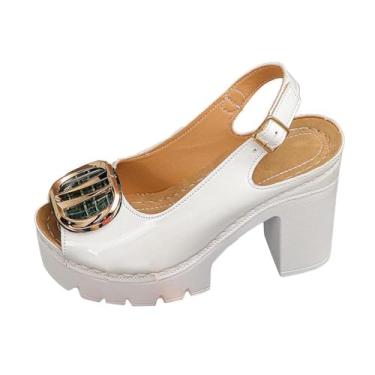 Imagem de Sandálias femininas de verão sólidas com boca de peixe salto alto PU plataforma casual confortável, Branco, 35