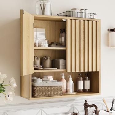 Imagem de Smuxee Armário de banheiro canelado montado na parede, armário de remédios de madeira com prateleira ajustável, armário de banheiro para banheiro, sala de estar, lavanderia