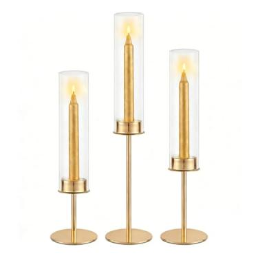 Imagem de GYZCOKY Conjunto de castiçais dourados para 3 castiçais cônicos de vidro, castiçal Hurricane para mesa central, casa, casamento, jantar, festa, aniversário (3)