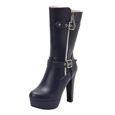 Imagem de Botas femininas plataforma de cano médio com fivela de cinto de salto alto, Azul royal, 35