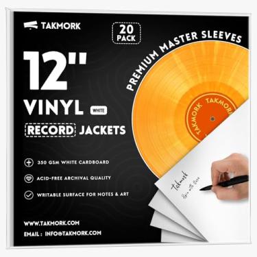Imagem de TAKMORK Jaquetas de disco de vinil LP em branco de 30 cm, capas de álbum de cartolina pesada de 350 g/m2 com lombada de 4 mm, sem orifício central, para bricolage e armazenamento, branco, 20 peças