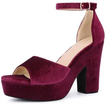 Imagem de Perphy Sandálias femininas de veludo com bico aberto, plataforma alta, tira no tornozelo, salto grosso, Borgonha, 36